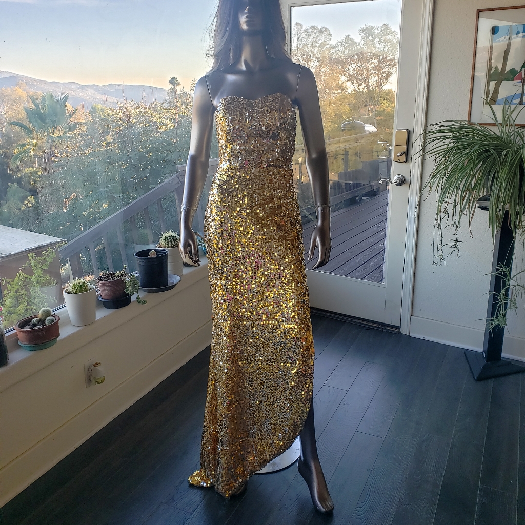 Emily In Paris Inspo: Grace Karin Strapless Lace-Up-Back Gold Sequin Dress